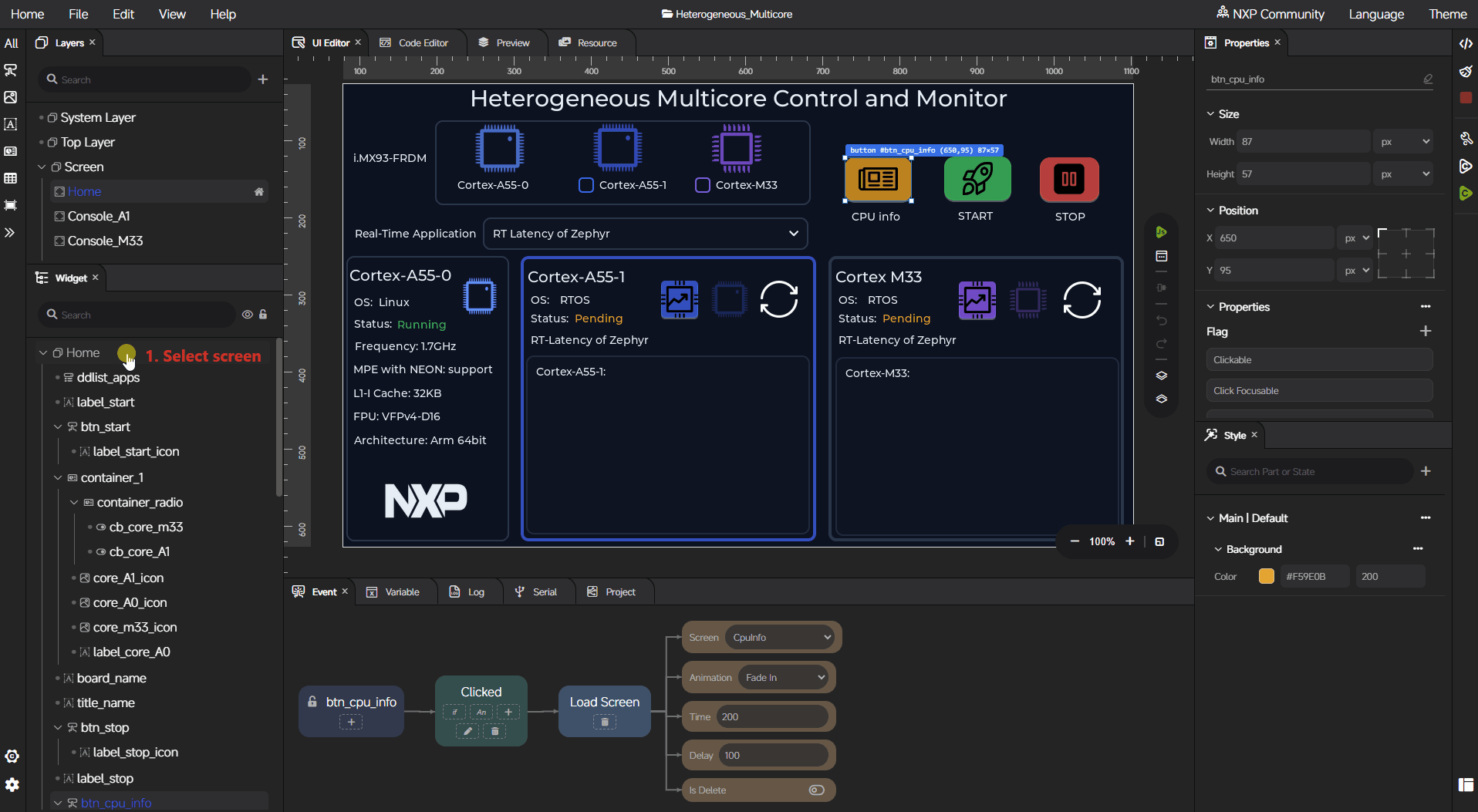 Add custom code in a screen