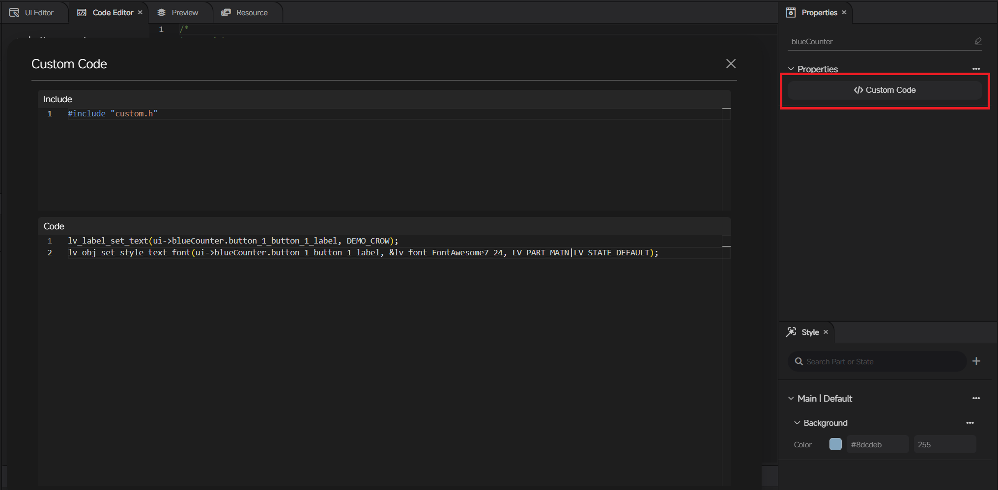 Screen custom code window