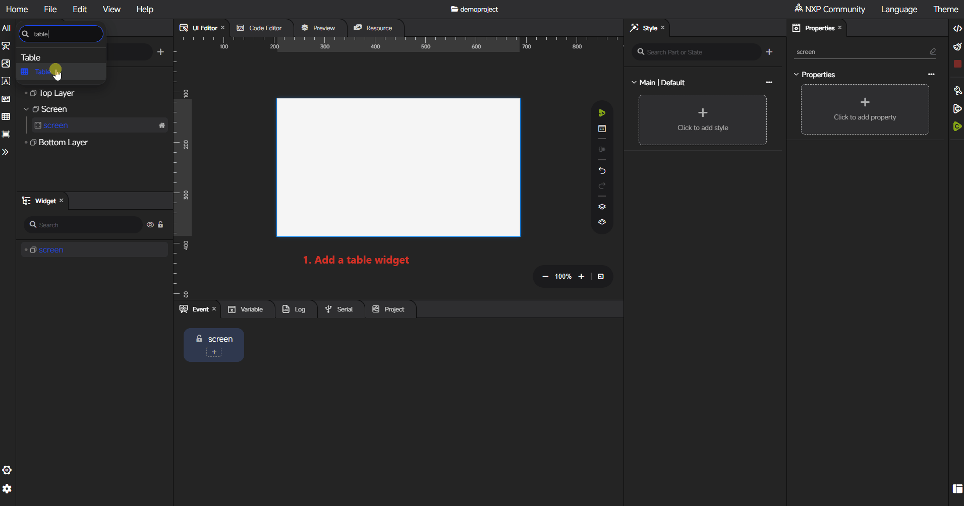 Table configuration workflow