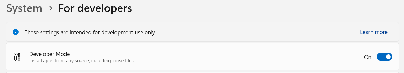 Windows Developer Mode Settings