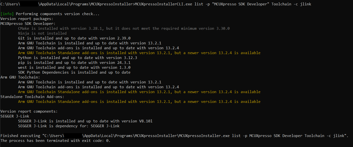 MCUXpresso Installer - List Packages and Components