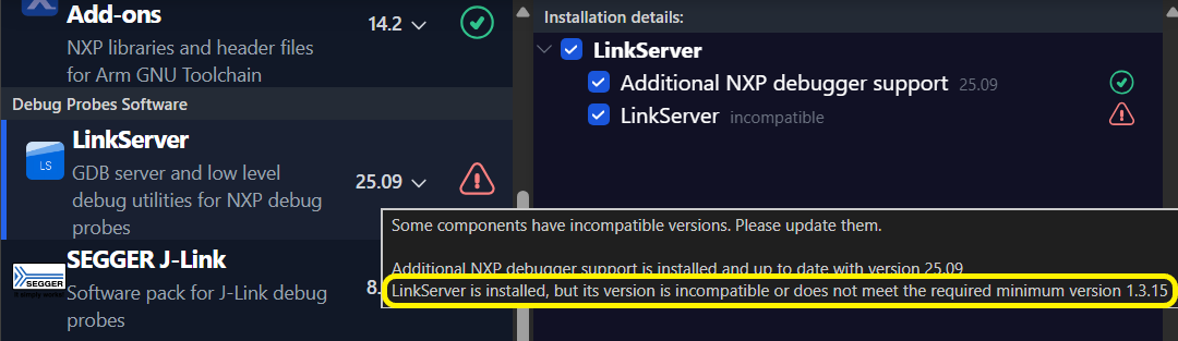 MCUXpresso Installer Component Outdated