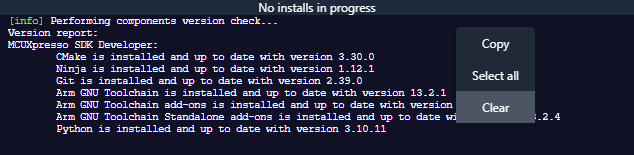 MCUXpresso Installer Console Menu