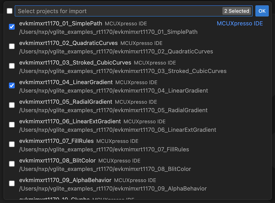 Selection of Application Code Hub project(s) to import