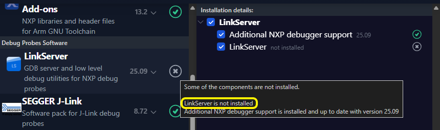 MCUXpresso Installer Component Missing