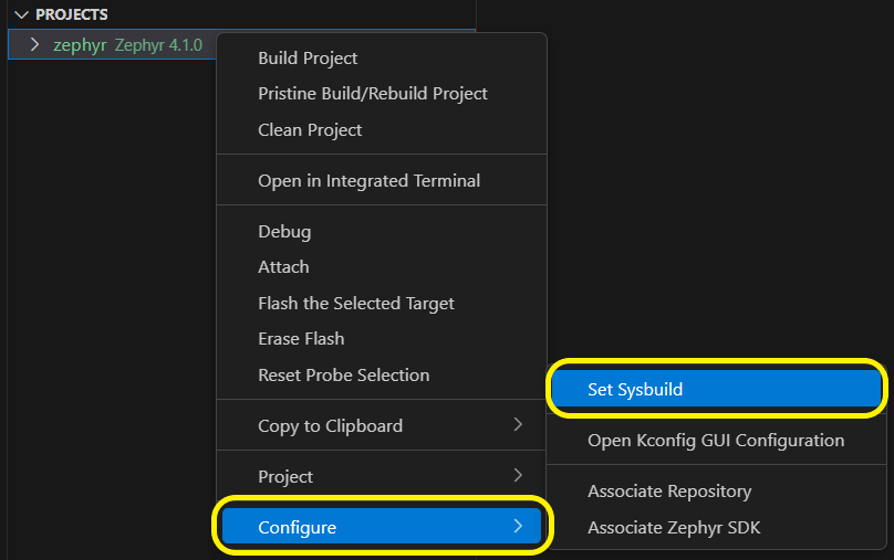 Zephyr Set Sysbuild command