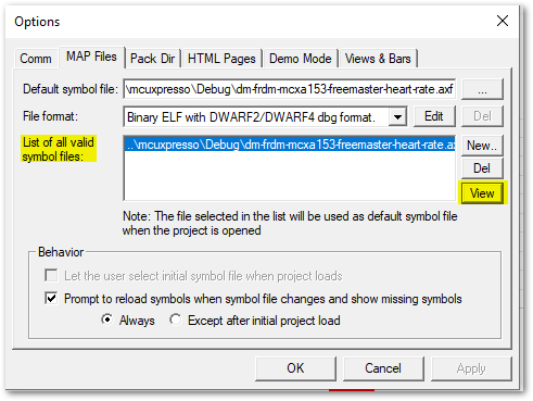 FreeMASTER List of Valid Symbol Files