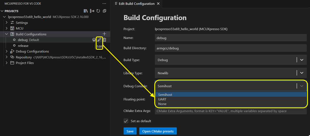 Semihosting enablement through UI