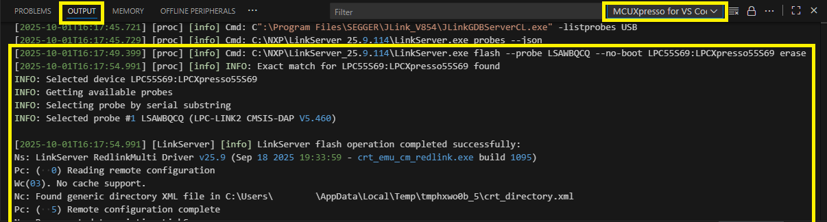 Flash command in the output panel