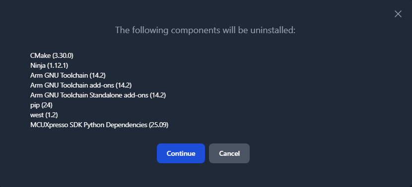 MCUXpresso Installer Undo Menu