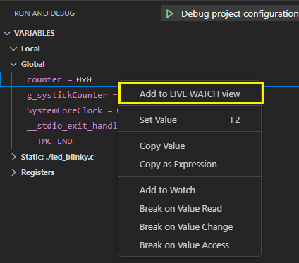Add variable to Live Watch using the Variables view