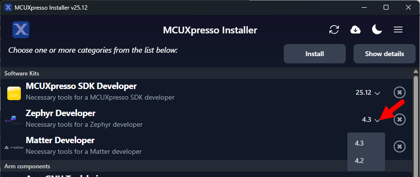 Select Zephyr package version