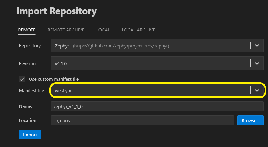 Install manifest file Zephyr