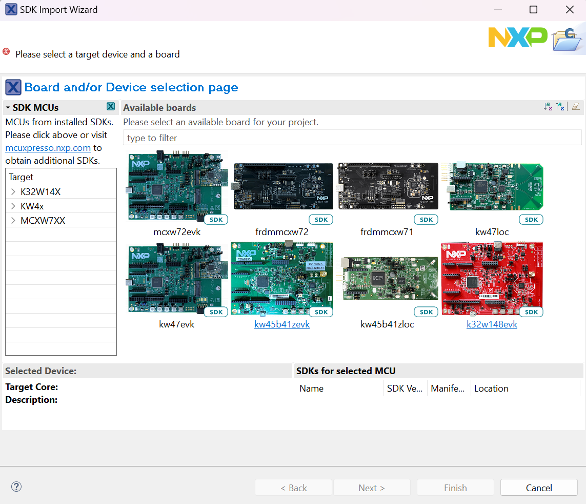 Selecting the KW47-EVK board