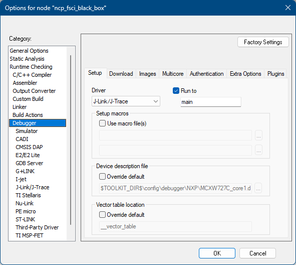 Debugger Settings for the NCP FSCI Blackbox project