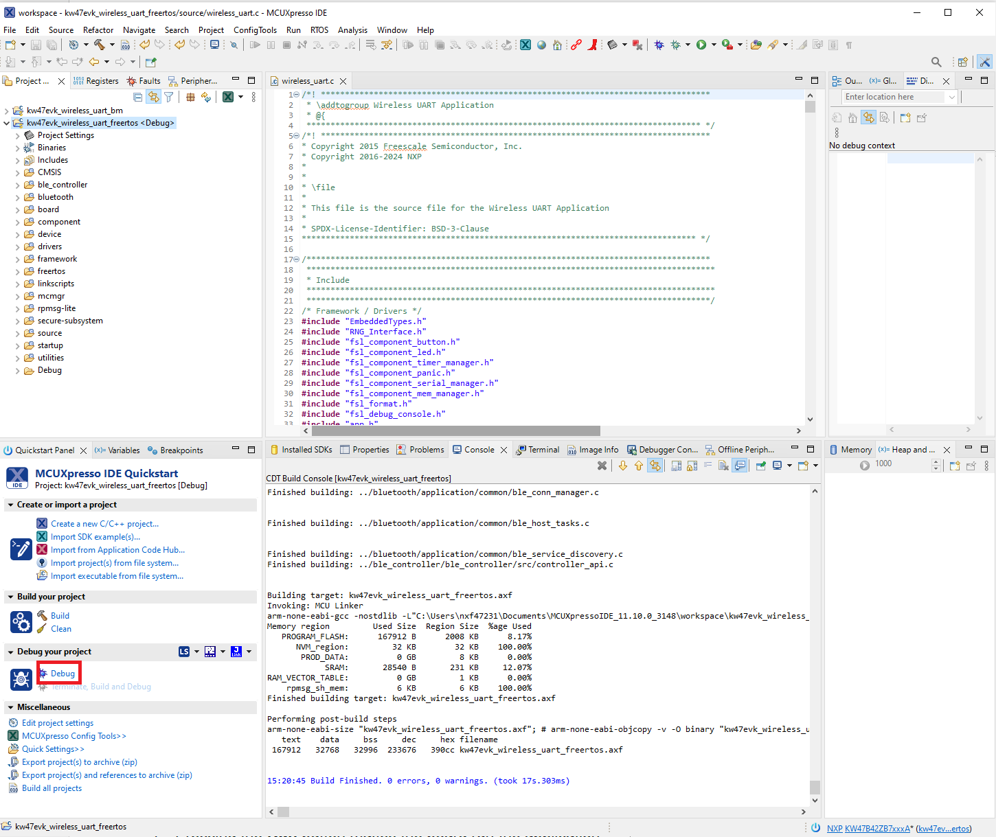 Download and debug the Wireless UART FreeRTOS project