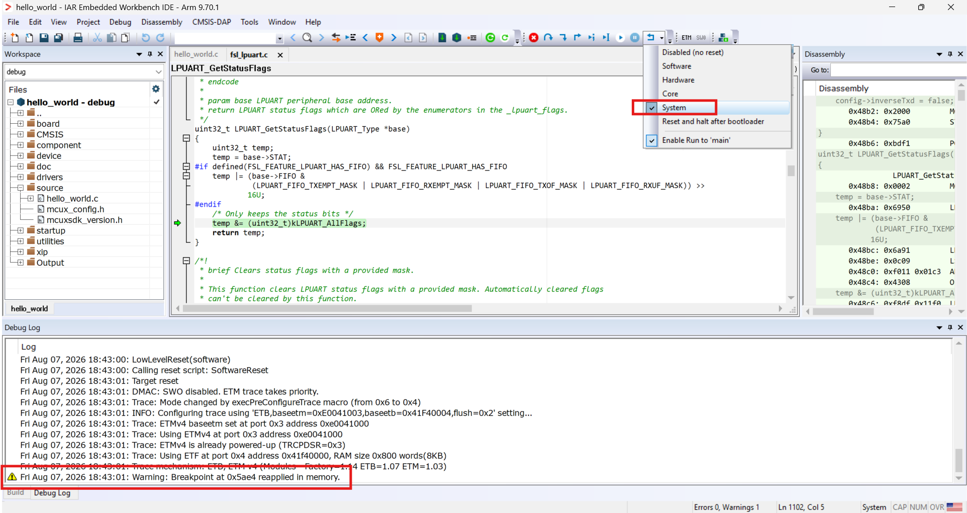 IAR CMSIS-DAP reset log