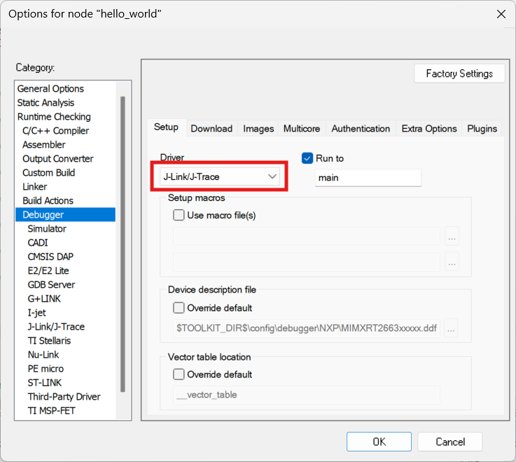 IAR switch driver to J-Link