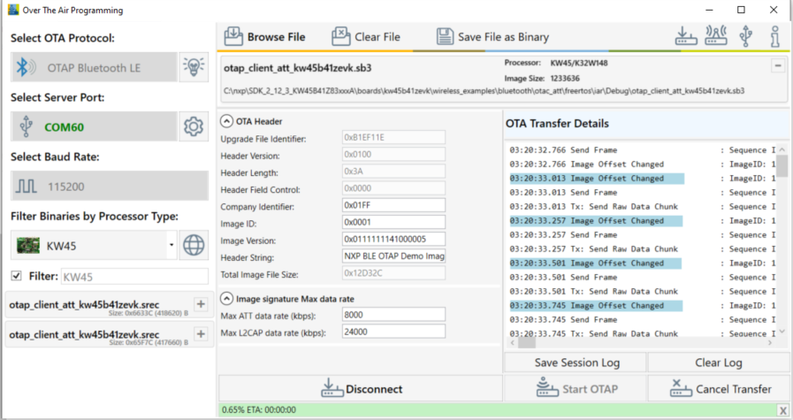 Test Tool OTAP Bluetooth LE image transfer in progress